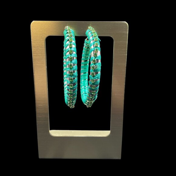 Green Rhinestone Hoop Earrings Y2K Statement Festival Retro - Picture 1 of 6